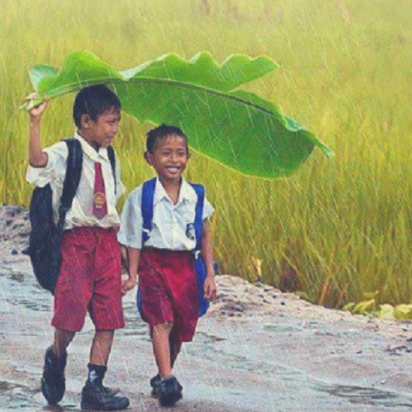 Duas crianças na chuva sob o abrigo de uma folha de bananeira
