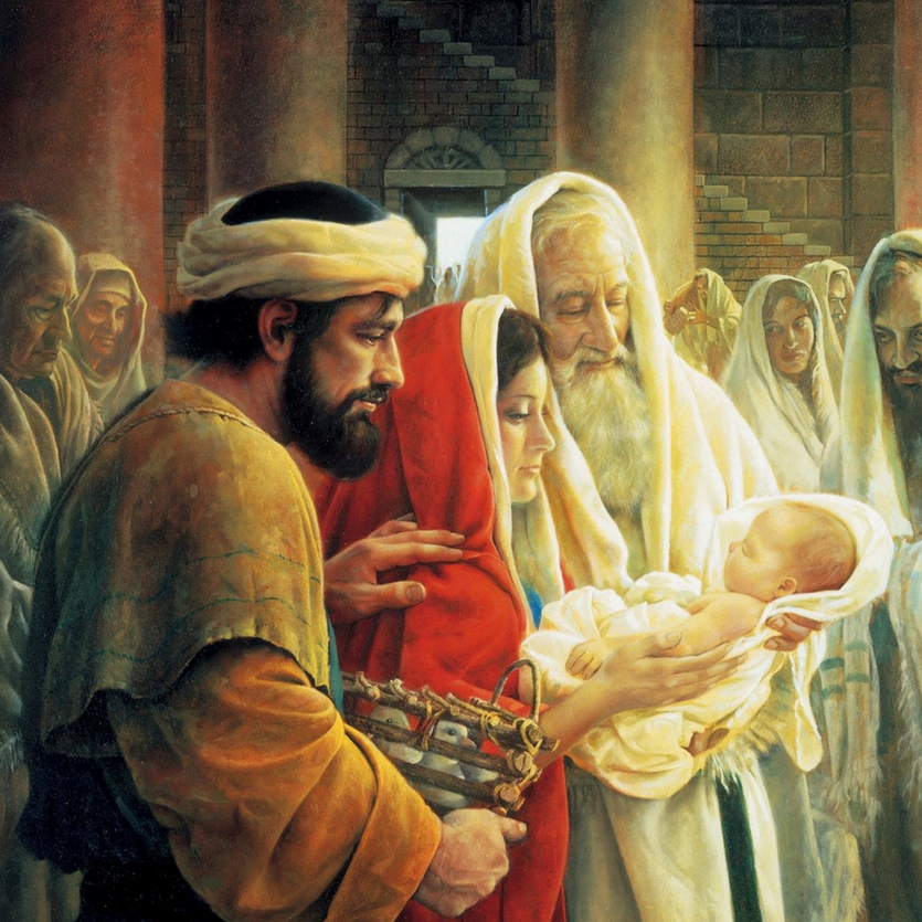 Cena do profeta Simeão com o Menino Jesus nos braços