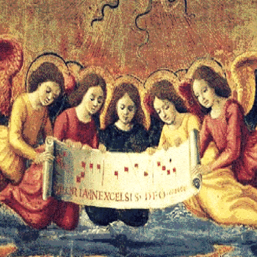 Pintura dos anjos segurando partituras de canto gregoriano