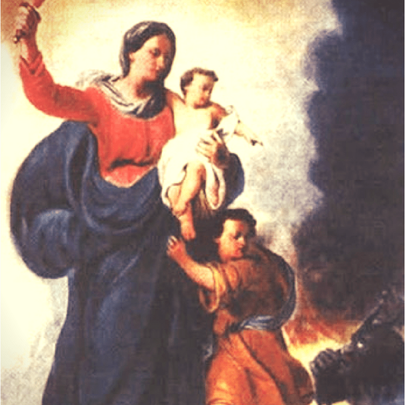 Imagem de Nossa Senhora defendo do demônio uma criança