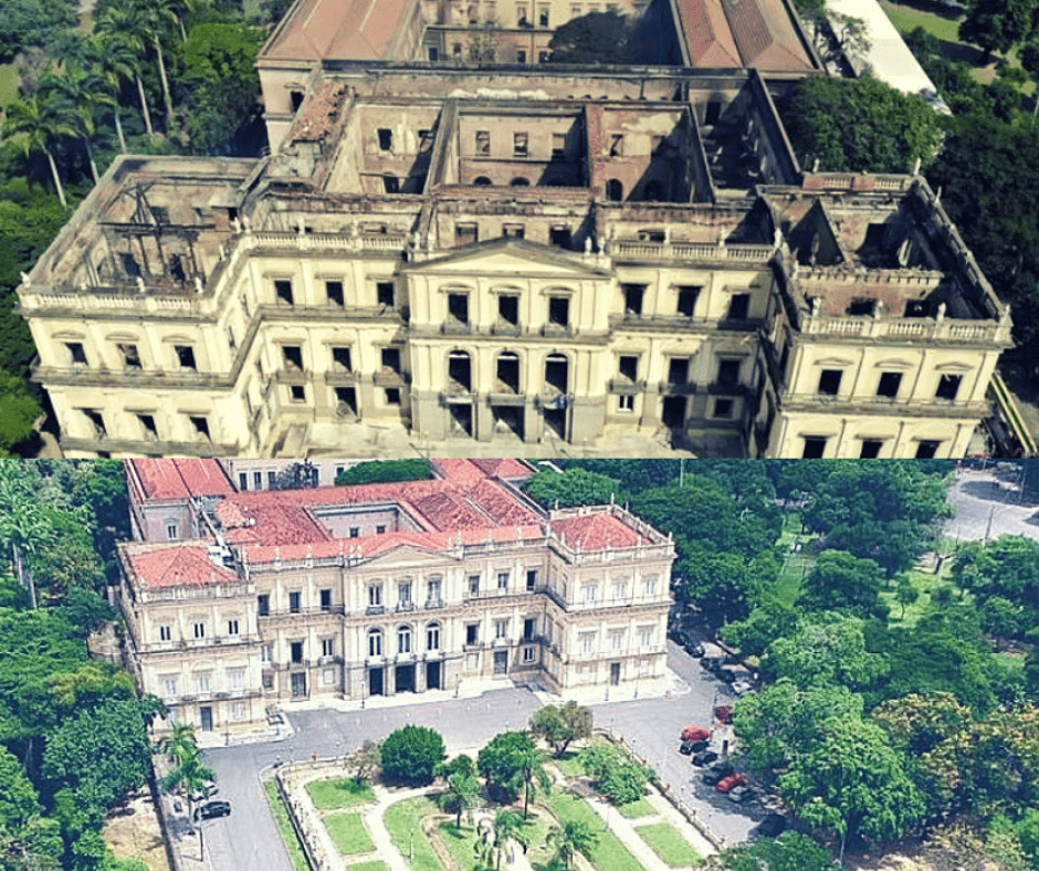 Abaixo o Palácio Imperial antes do incêndio. Acima o estado do prédio após o desastre.