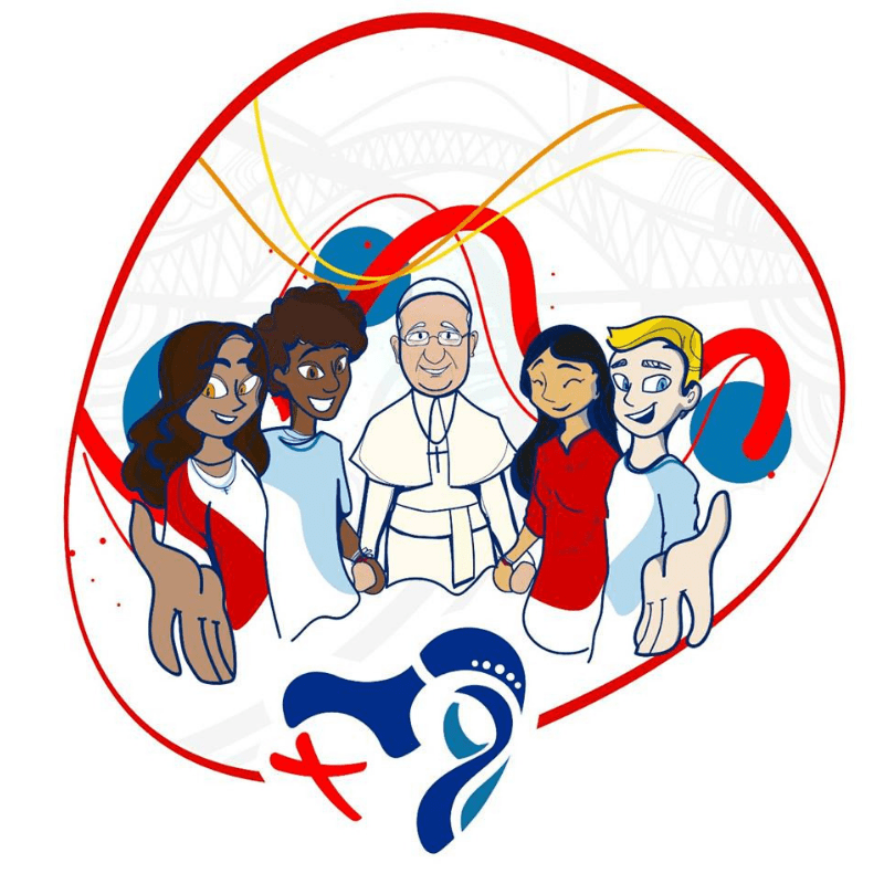 Ilustração do Papa Francisco rodeado pelos jovens