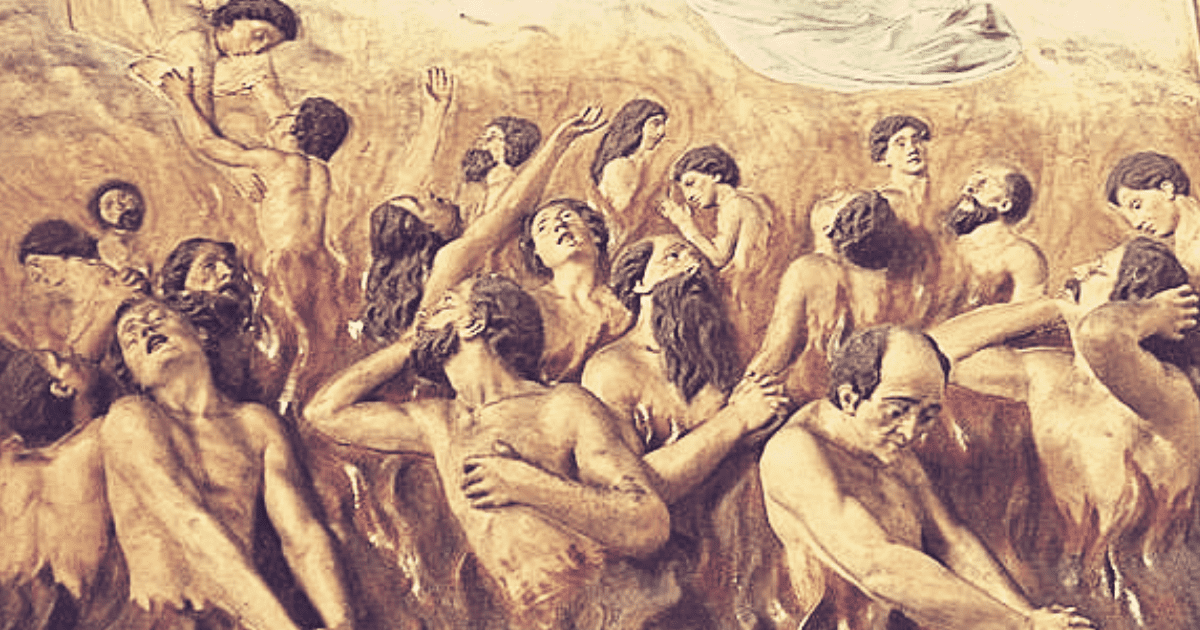 Quadro que mostra um anjo ajudando almas do Purgatório