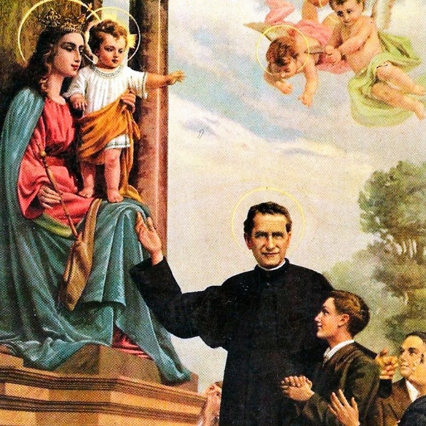 Gravura mostra Dom Bosco com seus jovens diante de Maria Auxiladora
