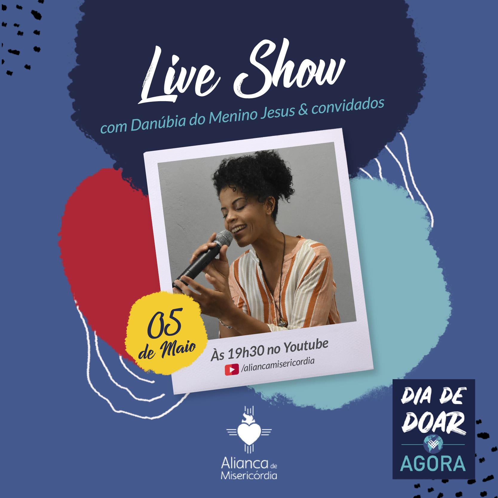 banner em tonalidade de azul e vermelho com o dizeres Live Show. No centro há uma foto da cantora Danúbia