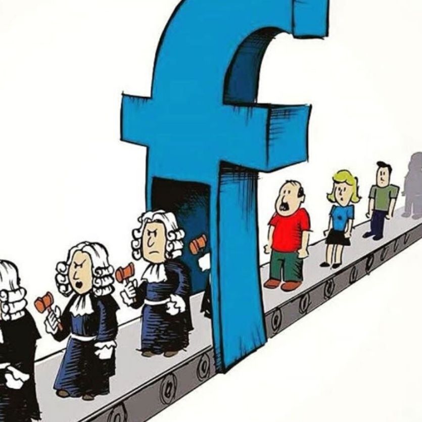Cartoo de pessoas passando sobre um F de facebook e saem com roupa de juízes